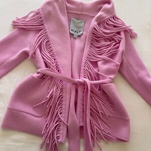 NVLT Pink Fringe‎ Belted Cardigan Sweater Shawl Collar Open Front Jacket XS